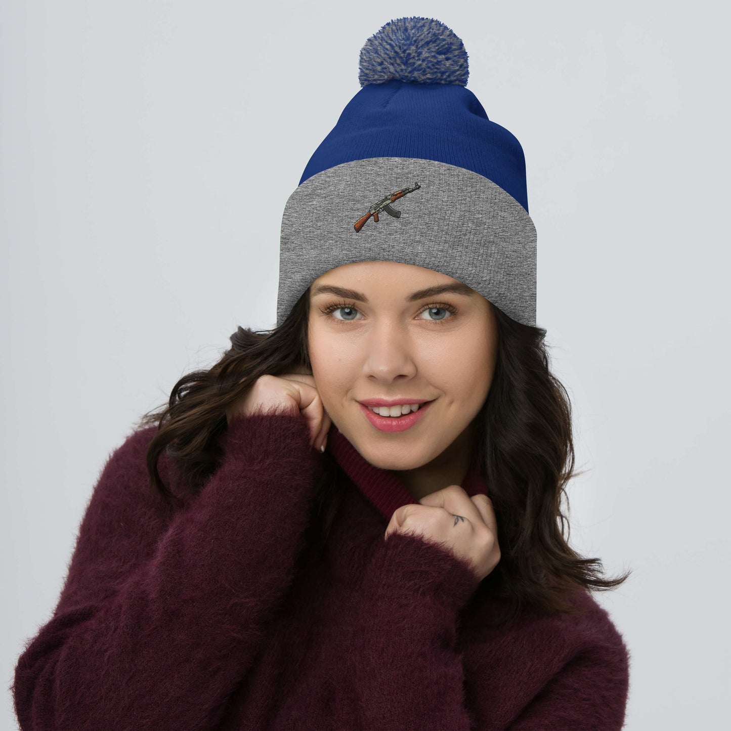 Blue And Grey Ak Pom-Pom Beanie